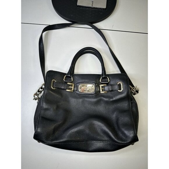 Michael Kors Hamilton Bag Black Leather Crossbody Gold Chain Large Size - Picture 2 of 12